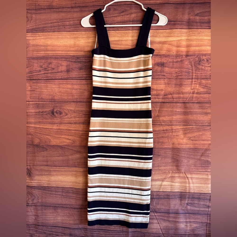 Bardot Women Navy Blue Tan Striped Ribbed Knit Bodycon Midi Dress US 6